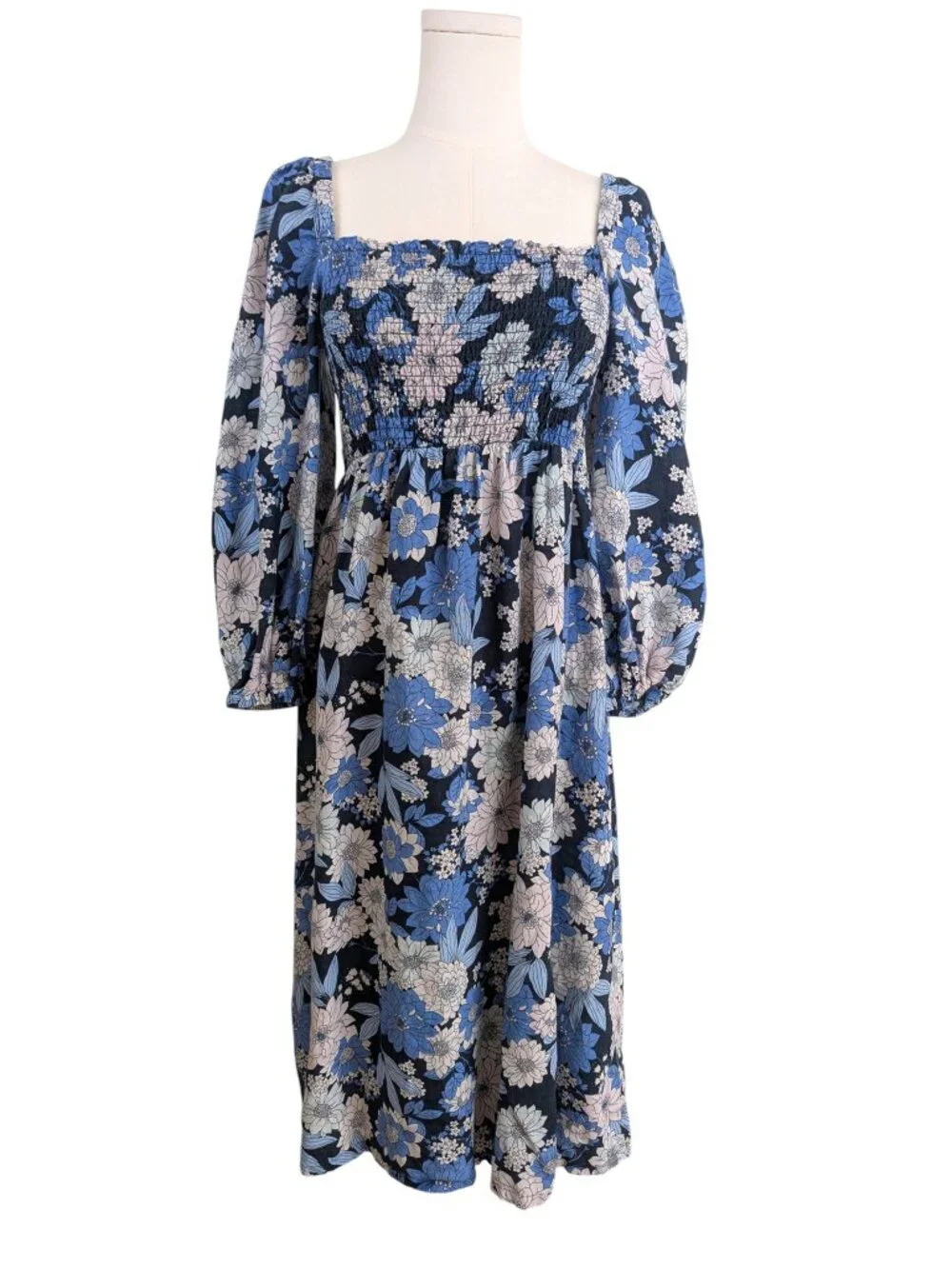 J.Crew Linen Day Dream Midi Dress Blue Zinnia Floral Puff Sleeves Petite Size MP